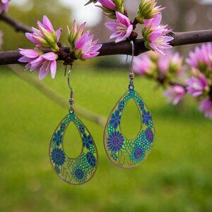 Rainbow Floral Teardrop Earrings Iridescent Boho Filigree Cutout Metal Dangles